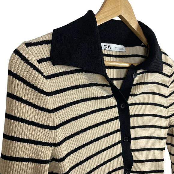 NWOT Zara Collared Ribbed Striped Button Sweater in Ivory/Black Size M - Picture 5 of 10